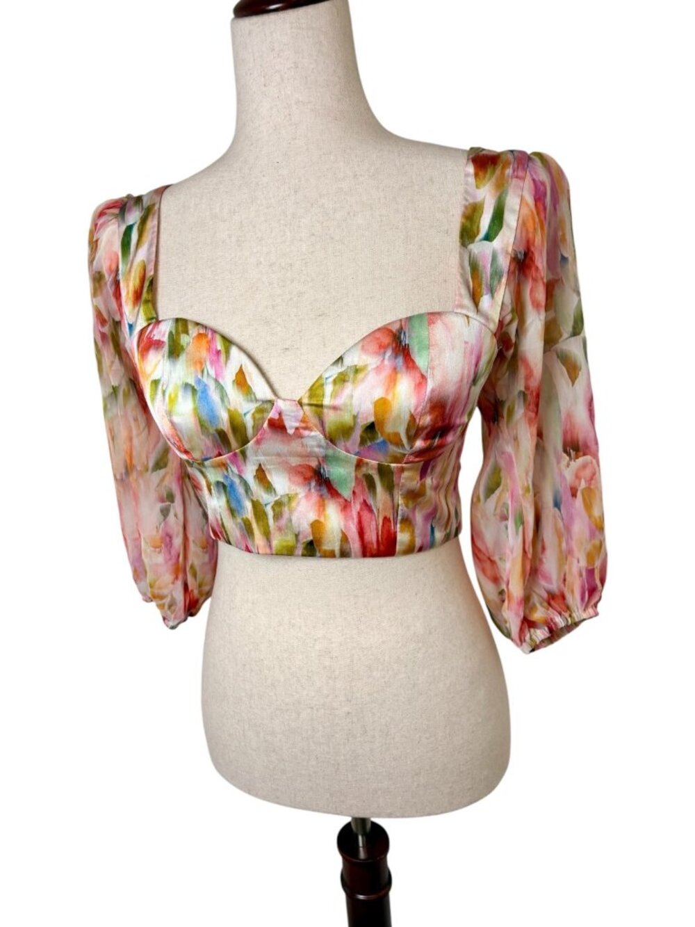 Marciano Guess Pink White Watercolor Satin Bustier Crop Top Sheer Sleeve Size 2 - Picture 2 of 10